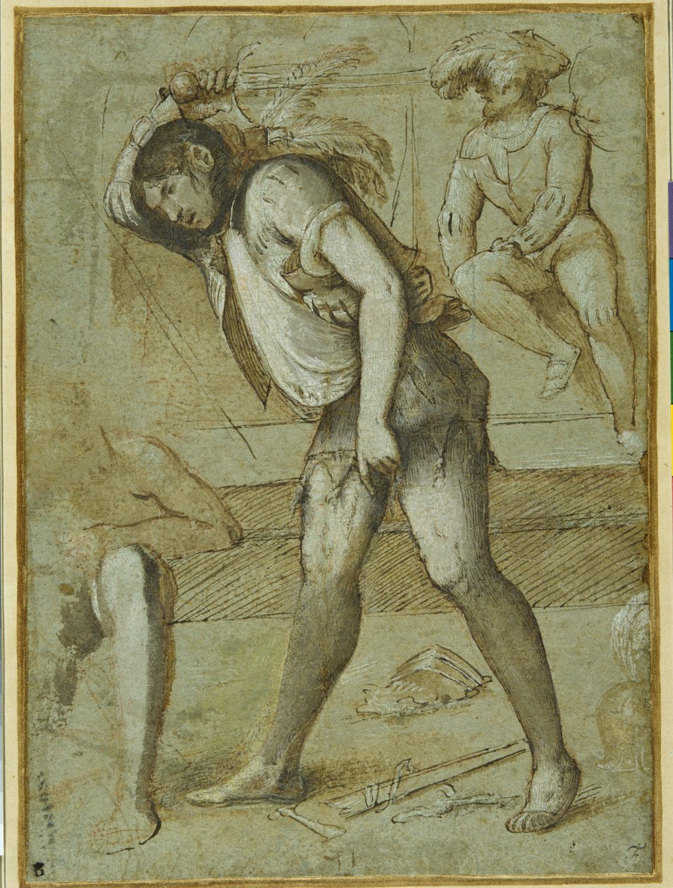En bøddel ved at halshugge en skægget helgen (pen og brunt blæk med vask og hvid kropsfarve på papir) af Girolamo Romanino