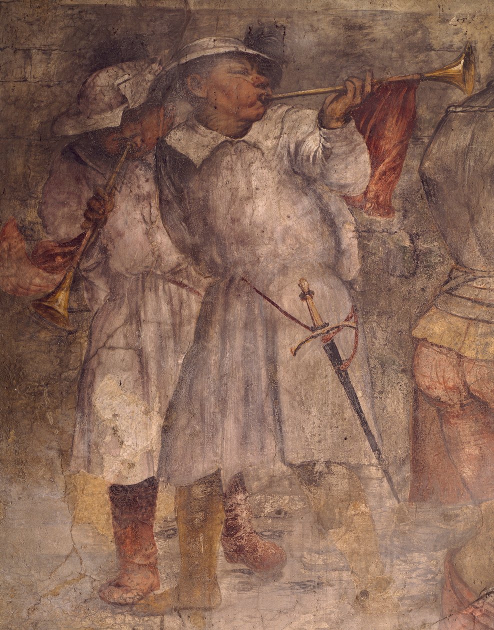 Figur af mand, der spiller trompet, detalje fra fresco af Girolamo Romanino (ca. 1484-1566), St. Anthony (Saint