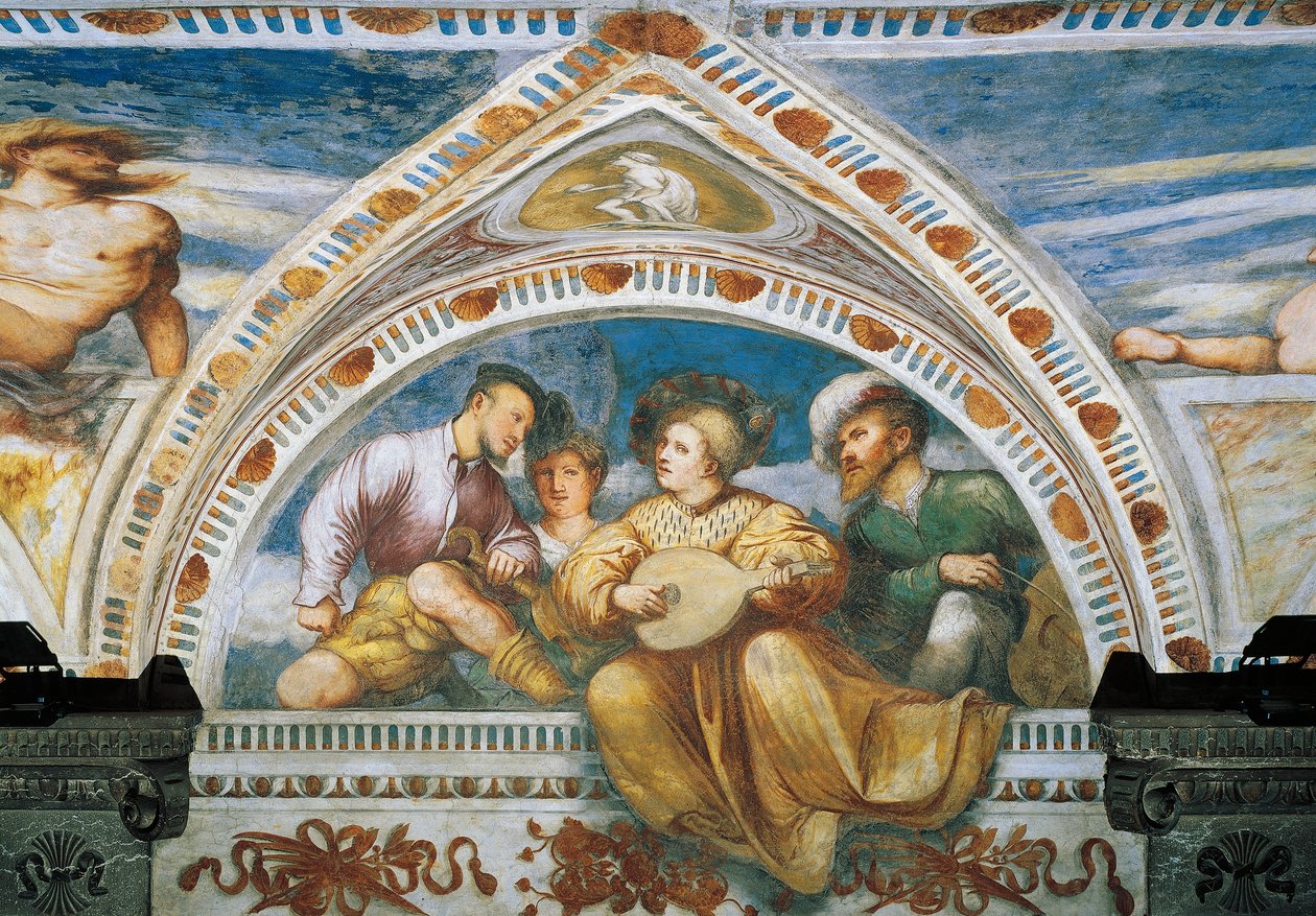 Mandolinspiller, Detalje af fresker af Girolamo Romanino (ca 1484-efter 1559), bestilt af Bernardo Clesio af Girolamo Romanino