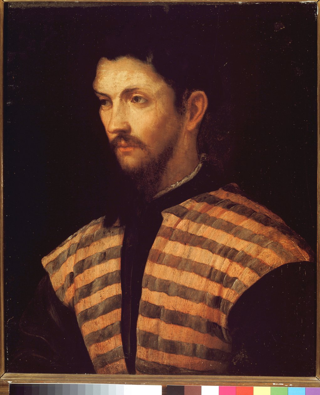 Portræt af en herre iført en stribet jakke - Olie på lærred af Girolamo Romanino