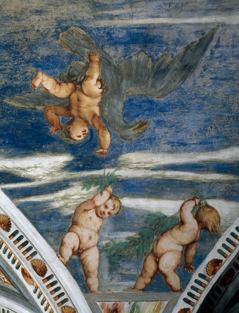 Voldtægt af Ganymedes og putti, mosaiknicher og statuer, Detalje af fresker af Girolamo Romanino (ca. 1484-efter 1559), bestilt af Bernardo Clesio af Girolamo Romanino