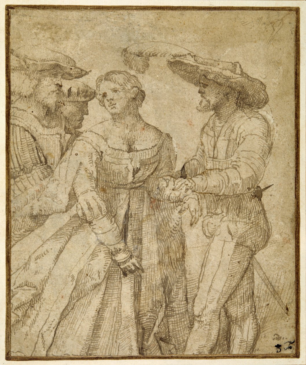 Scene med tapperhed: fire figurer stående mod en landskabsbaggrund (pen og brunt blæk på brunpapir) af Girolamo Romanino