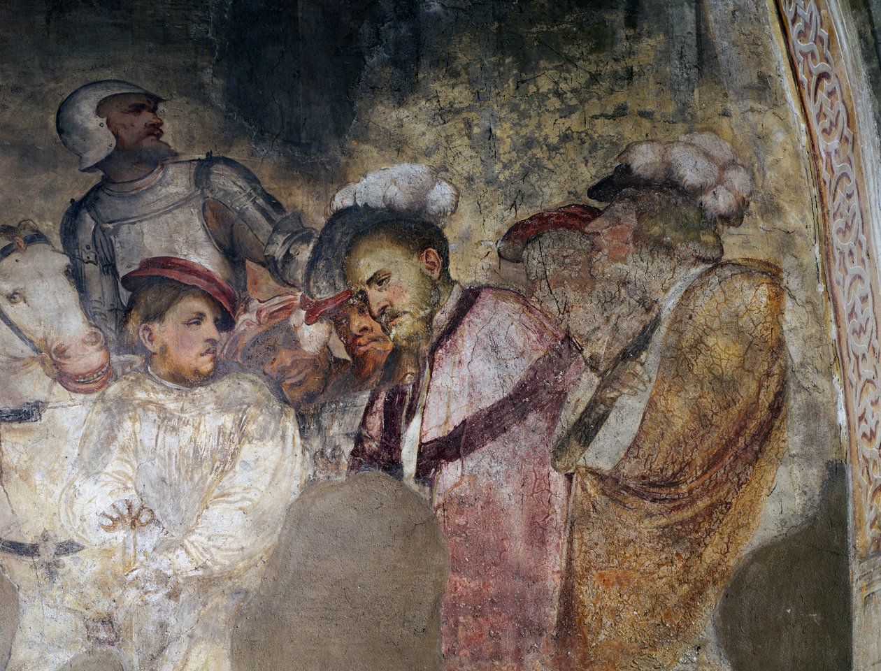 Soldat iført rustning og mænd iført hatte, detalje af en fresco af Girolamo Romanino (ca. 1484-efter 1562), venstre væg i præsbyteriet i Church of Saint Anthony Abbot, Breno. Italien af Girolamo Romanino