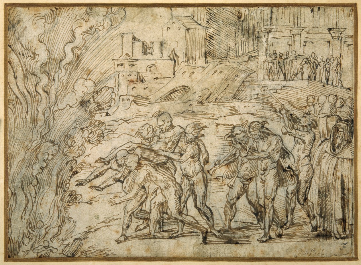 Bålet rejst foran Hannibals tropper ved Saguntums fald (pen og brunt blæk med brun vask) af Girolamo Romanino