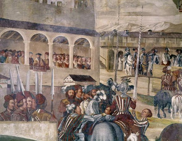 Turnering til ære for Christian I af Danmark på Castello di Malpaga, detalje fra venstre side, 1520-30 af Girolamo Romanino