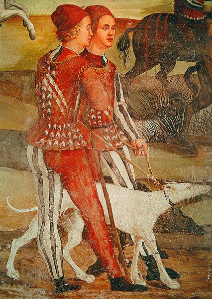 To sider og deres hund, detalje fra en jagtscene, ca. 1520-30 af Girolamo Romanino