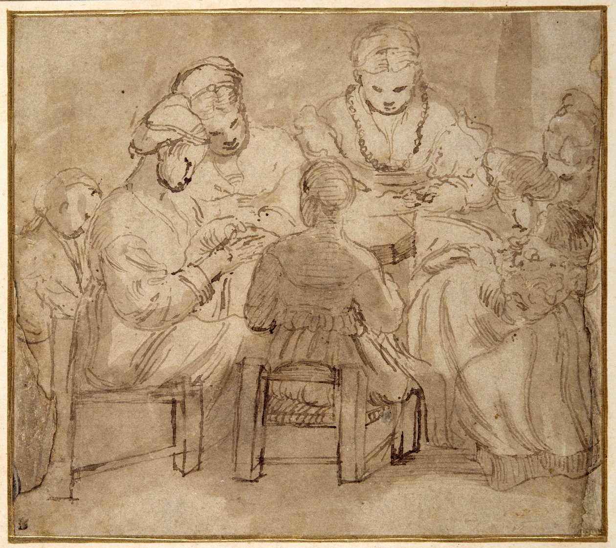 Kvinder og piger sidder rundt om et bord og syr (pen og brunt blæk med brun vask på papir) af Girolamo Romanino