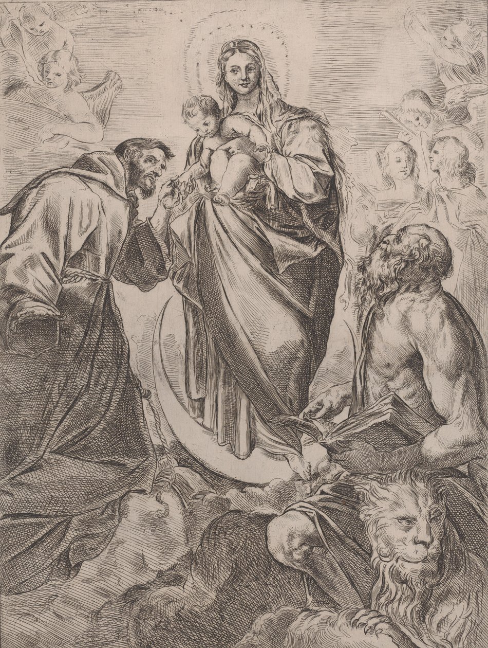 Jomfruen med de hellige Hieronymus og Frans, 1660-80. af Girolamo Rossi