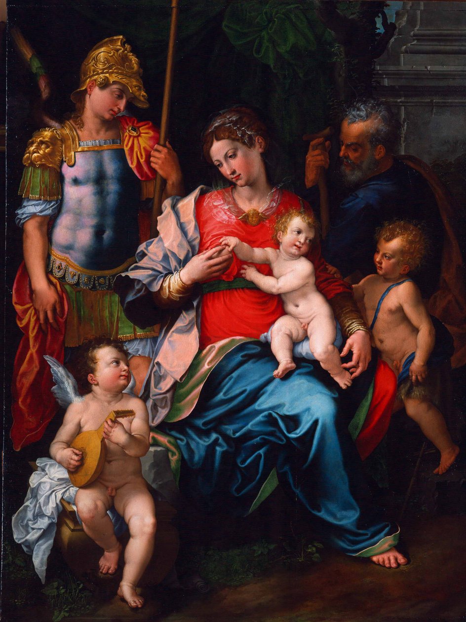 Jomfru og barn med de hellige Johannes Døberen, Ærkeenglen Michael og Josef, 1545 af Girolamo Sciolante da Sermoneta