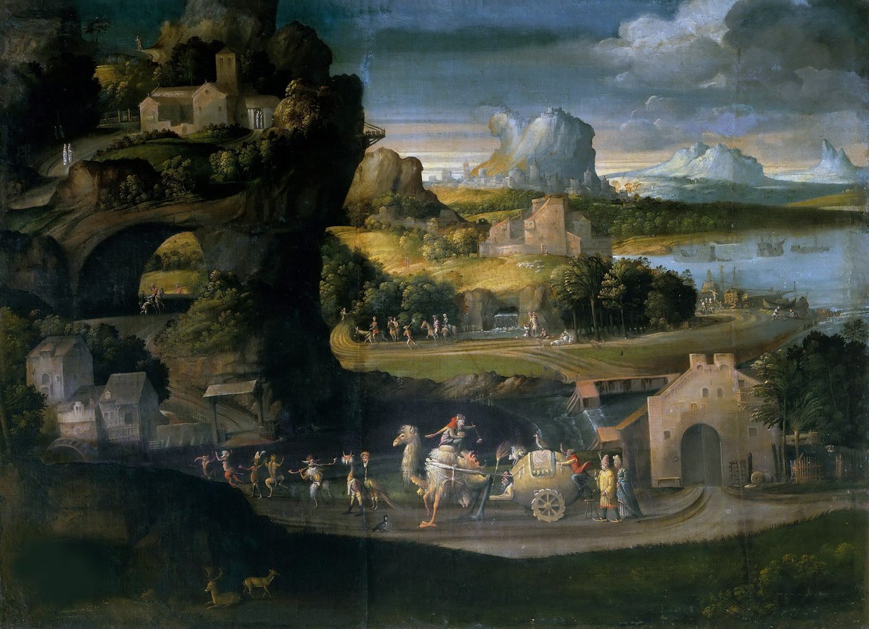 Landskab med tryllekunstnere, ca. 1525. af Girolamo da Carpi