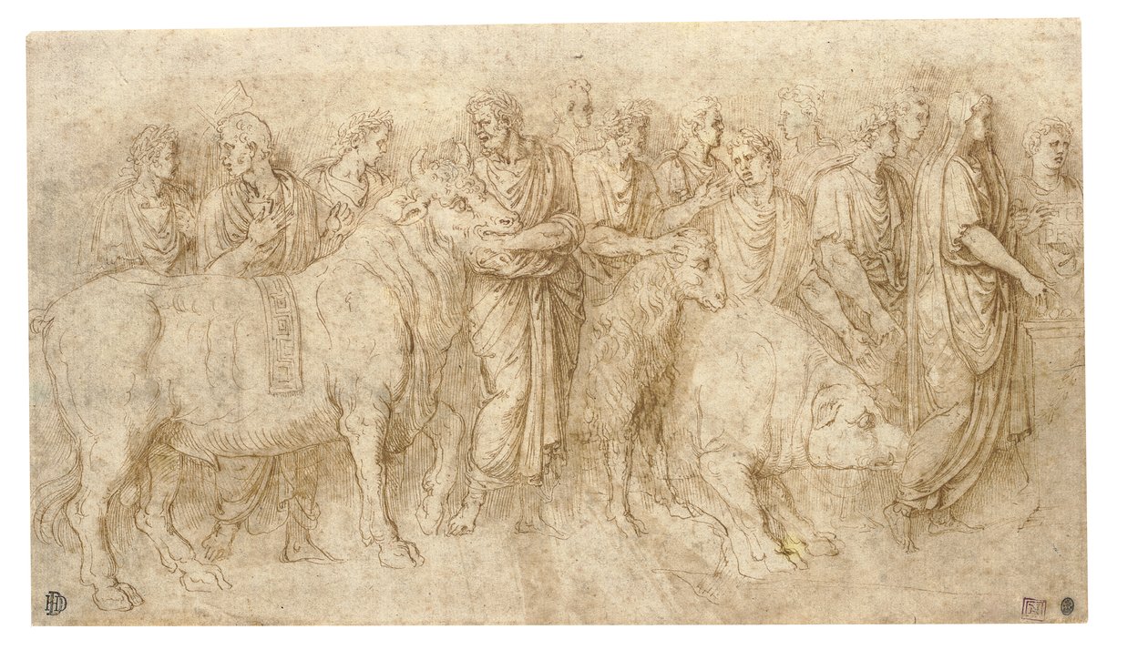 Præster fører en tyr, en vædder og en orne til et alter, efter Antikken (kridt, pen og blæk på papir) af Girolamo da Carpi