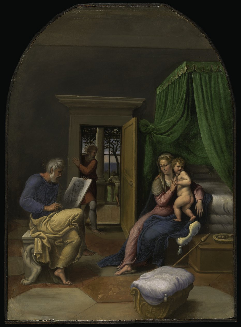 Sankt Lukas tegner jomfruen og Jesusbarnet, ca. 1535 (olie på panel) af Girolamo da Carpi