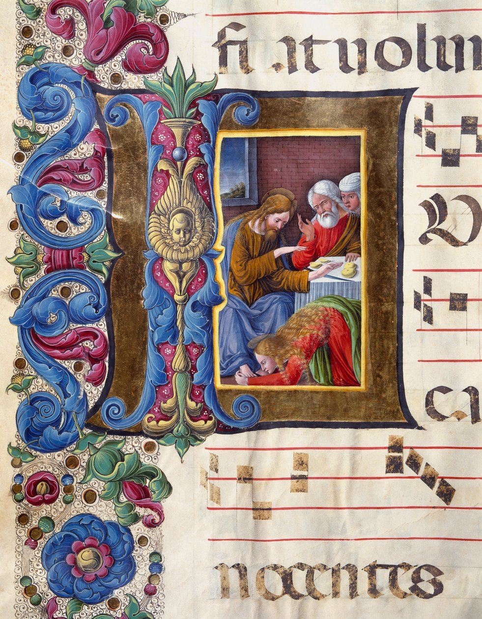 Decoree brevpapir forestillende Maria Magdalena ved fødderne af Jesus Miniature af Girolamo da Cremona (aktiv omkring 1451-1483) og Liberale da Verona (1445-1529) fra et kor (Cod. 22/7. c.15v) fra katedralen i Siena . Cathedrale (Duomo) fra det 15. århundr af Girolamo da Cremona
