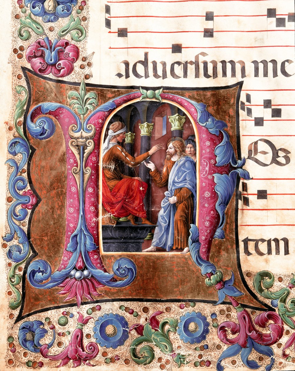 Decoree bogstaver, der repræsenterer Jesus Kristus foran Pontius Pilatus Miniature af Girolamo da Cremona (aktiv omkring 1451-1483) og Liberale da Verona (1445-1529) fra et kor (Cod. 22/7. c.22.) fra Cathedrale of Siena. Cathedrale fra det 15. århundrede ( af Girolamo da Cremona