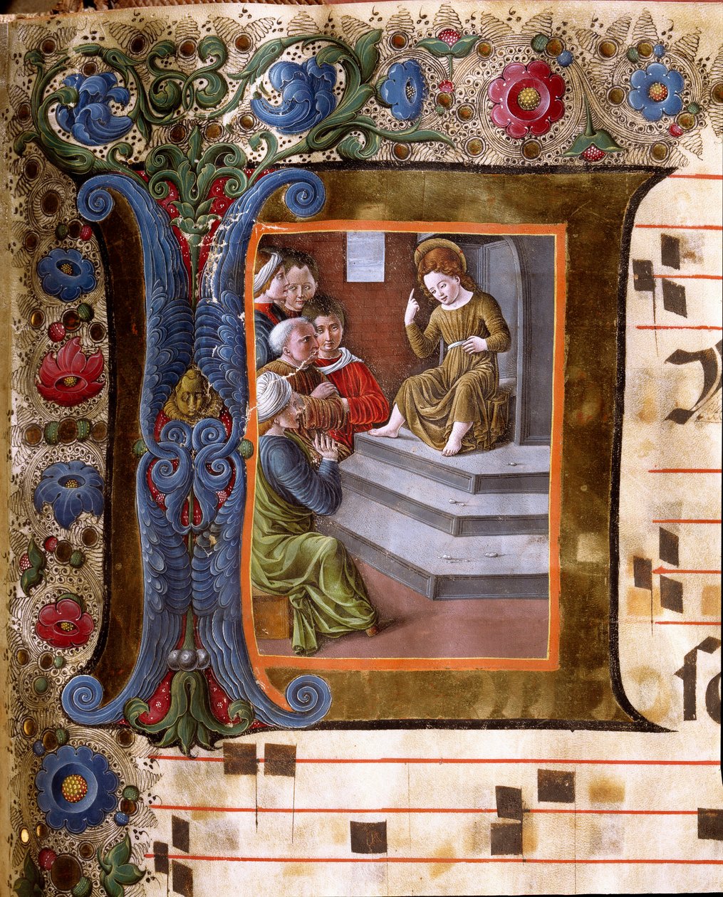 Decoree-lettere, der forestiller Kristusbarnet og miniaturelægerne i Girolamo da Cremona (aktiv omkring 1451-1483) og Liberale da Verona (1445-1529) fra et kor (Cod. 19/4. c.13.) fra katedralen i Siena. 15. århundrede Cathedrale (Duomo) i Siena, It af Girolamo da Cremona