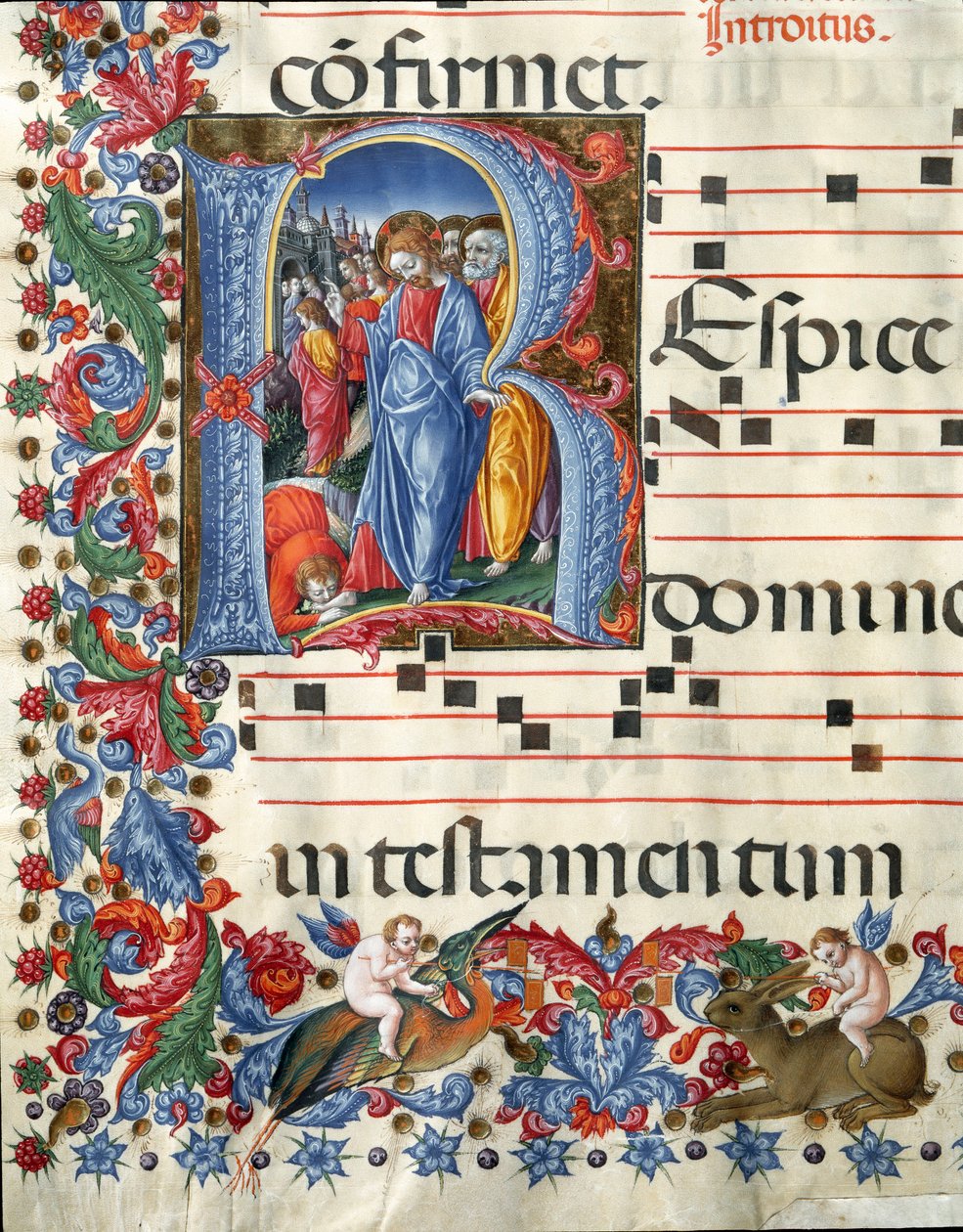 Decoree lettrine med Kristus og den spedalske Miniature af Girolamo da Cremona (aktiv omkring 1451-1483) og Liberale da Verona (1445-1529) fra et kor (Cod. 19/4. c.26.) fra Cathedrale of Siena. Domkirken (Duomo) i Siena, Italien, fra det 15. århundrede af Girolamo da Cremona