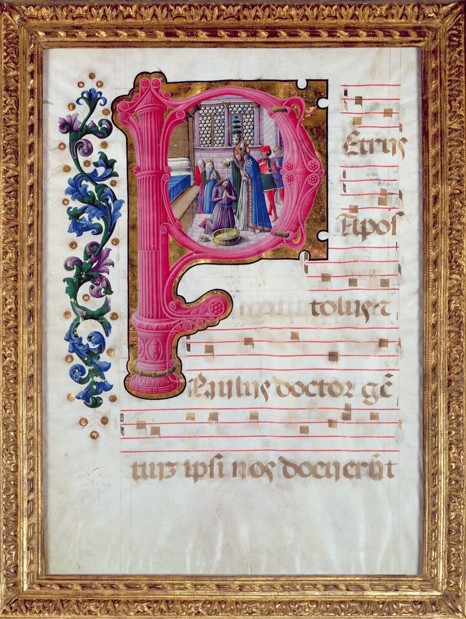 Historieret bogstav "P", der viser Konstantins dåb (ca. 274-337) fra en lombardisk antifonaire af Girolamo da Cremona
