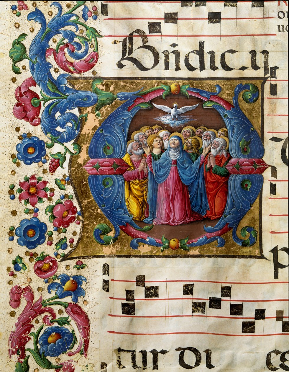 Helligåndens due (Helligånden) viser sig for Jomfru Maria og apoterne. Miniature af Girolamo da Cremona (aktiv omkring 1451-1483) fra et kor (Cod. 10/L. c.32v) fra katedralen i Siena. Cathedrale (Duomo) i Siena fra det 15. århundrede, Italien af Girolamo da Cremona