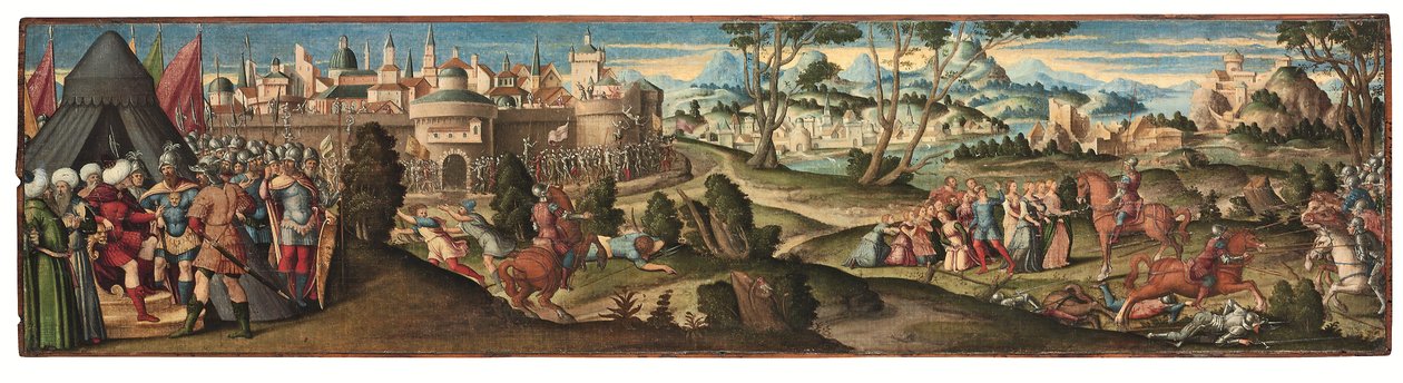 Scener fra Orlando Furioso (olie på lærred lagt på panel) af Girolamo da Santacroce