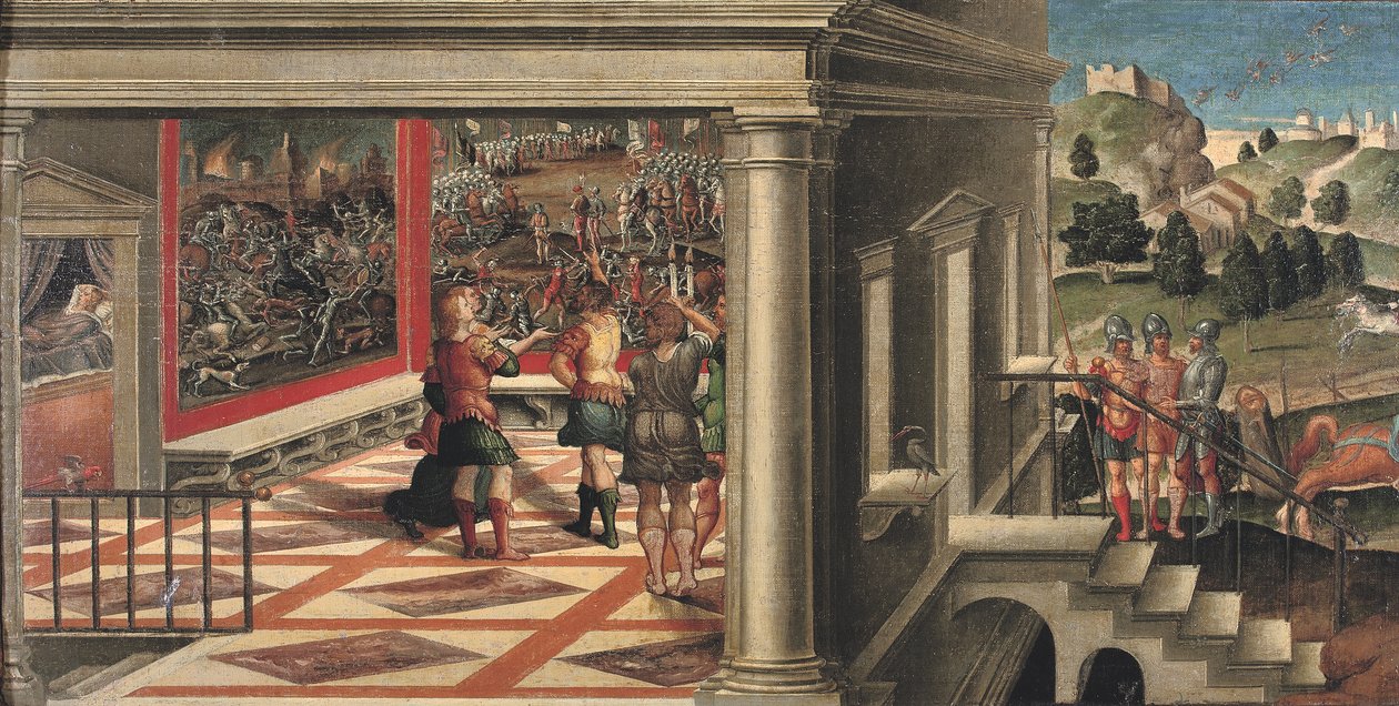Scener fra Orlando Furioso (olie på lærred lagt på panel) af Girolamo da Santacroce