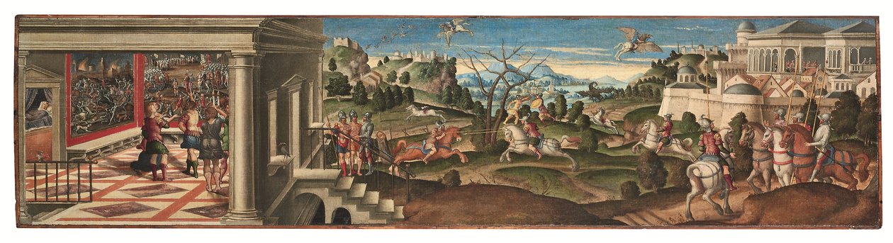 Scener fra Orlando Furioso (olie på lærred lagt på panel) af Girolamo da Santacroce