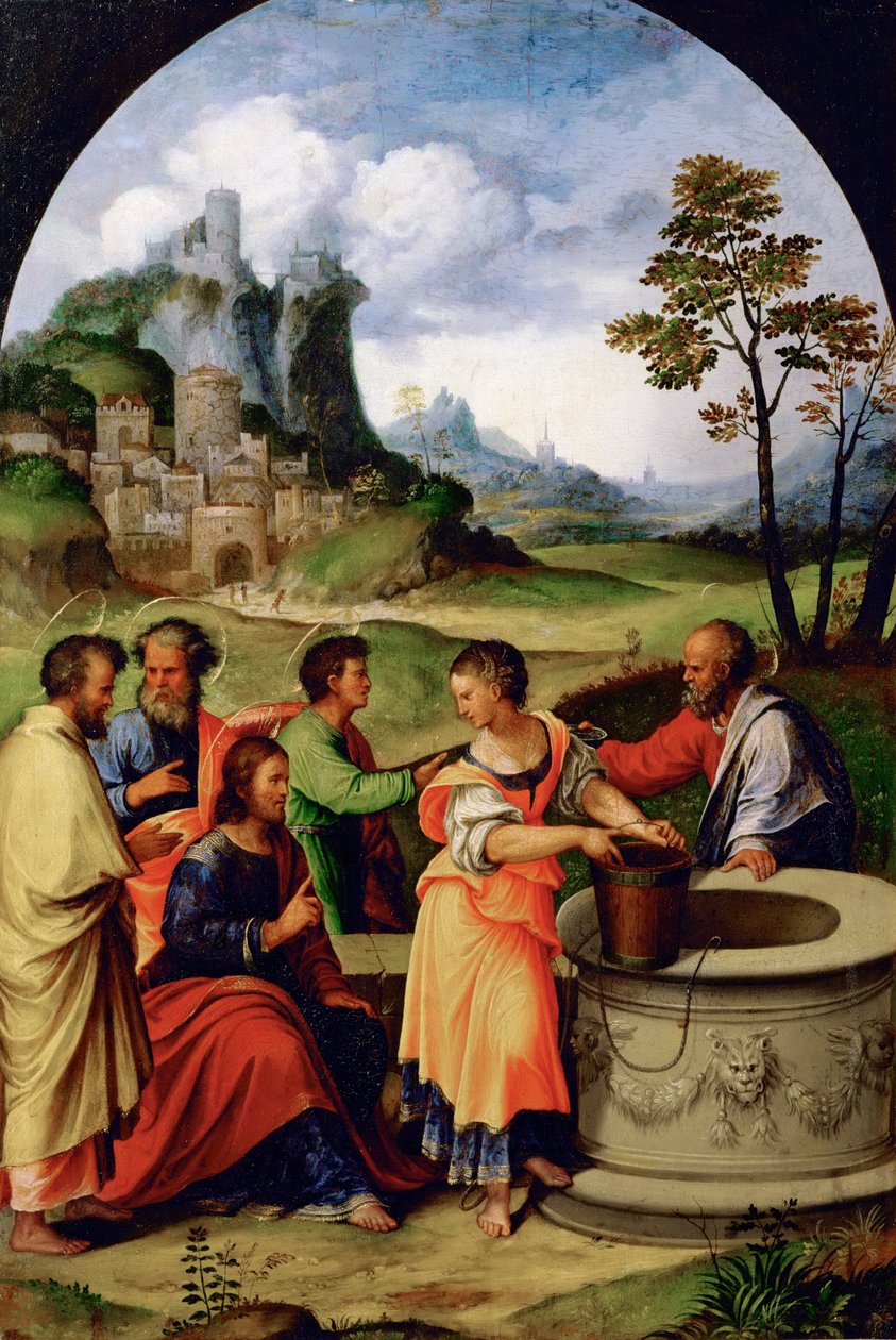 Jesus et la Samaritaine - Kristus og den samaritanske kvinde - Girolamo da Treviso (1508-1544). Olie på træ, ca. 1525. Mål : 65,5x45,2 cm. Kunsthistorisk museum, Vienne af Girolamo da  Treviso II