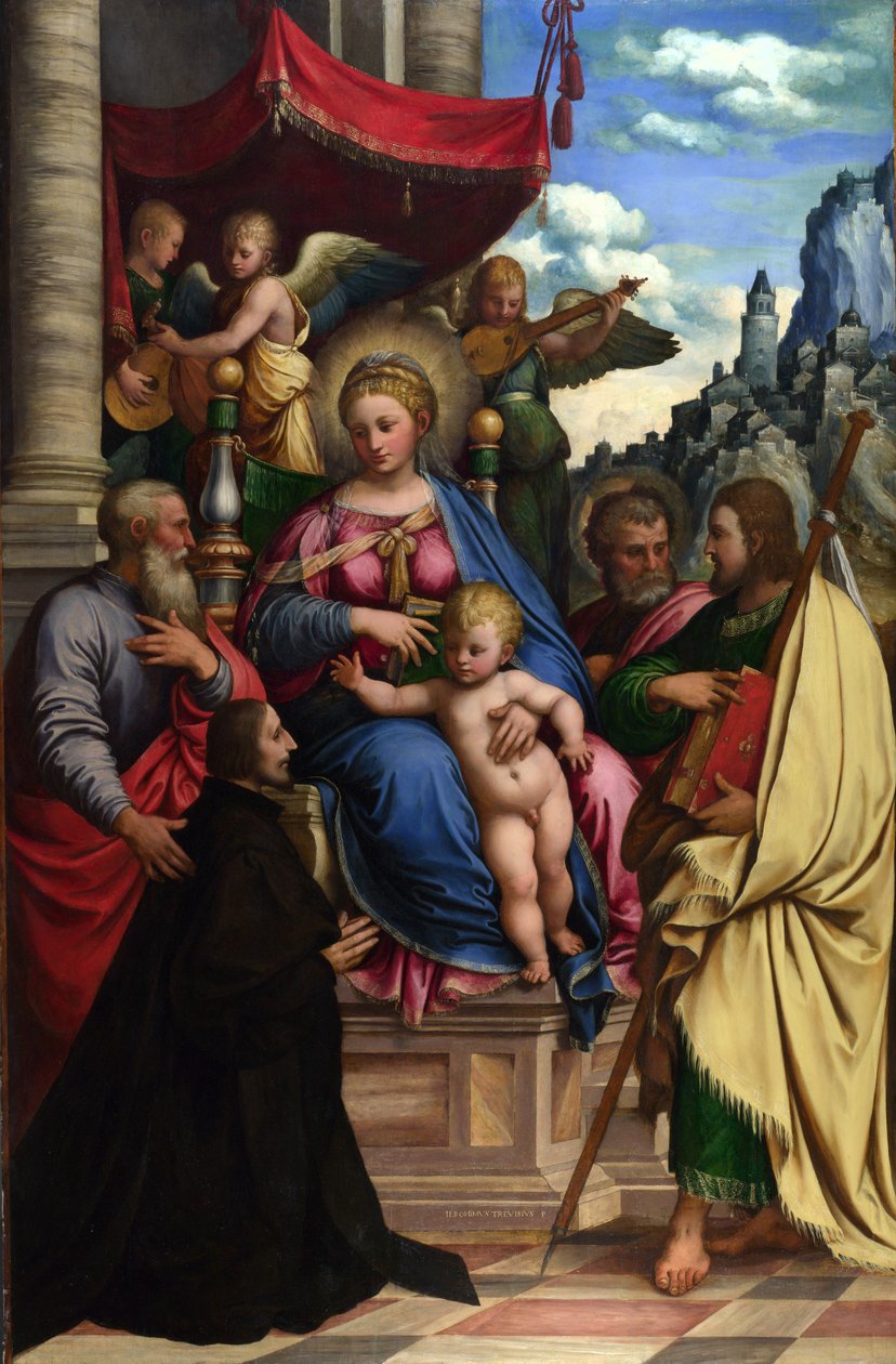Madonna og barnet med engle, helgener og en donator af Girolamo da Treviso the Younger