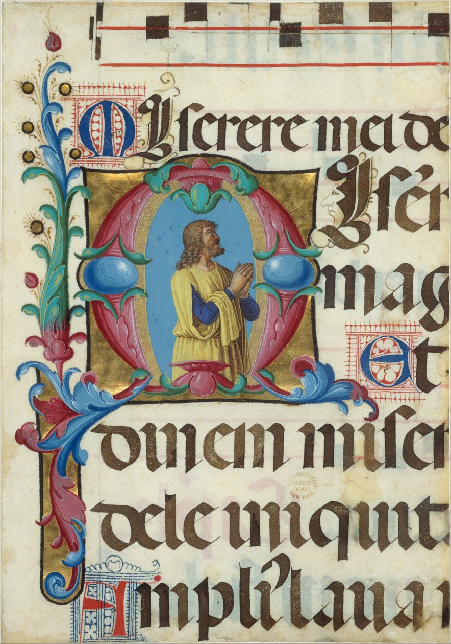Manuskriptbelysning med David i bøn i et indledende M, fra en Psalter, 1501-2. af Girolamo dai Libri