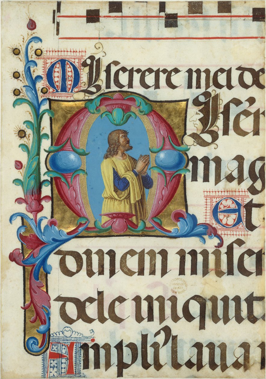 Manuskriptbelysning med David i bøn i et indledende M, fra en psalter, italiensk, 1501-2. af Girolamo dai Libri