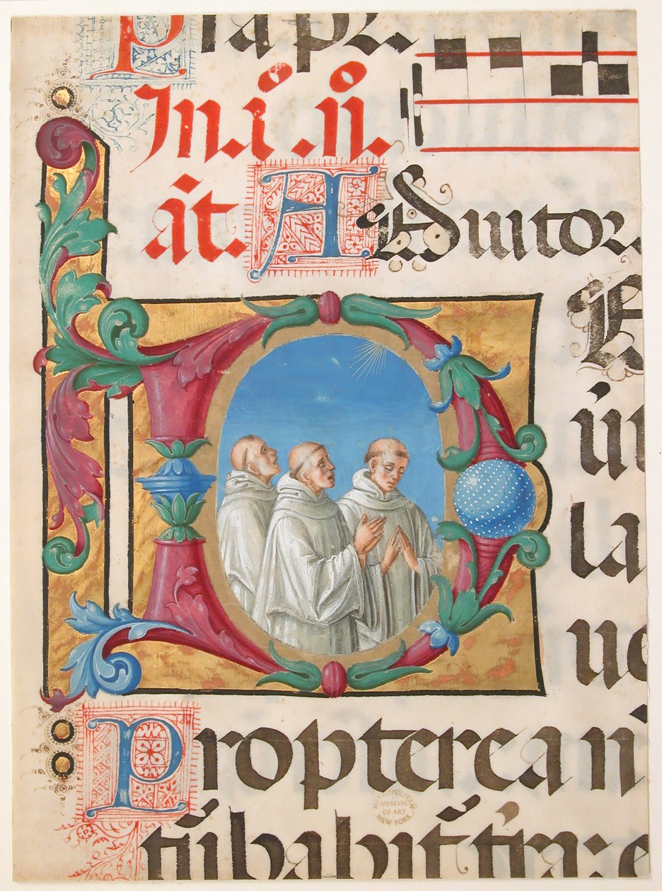 Manuskriptbelysning med syngende munke i et indledende D, fra en psalter, 1501-2. af Girolamo dai Libri