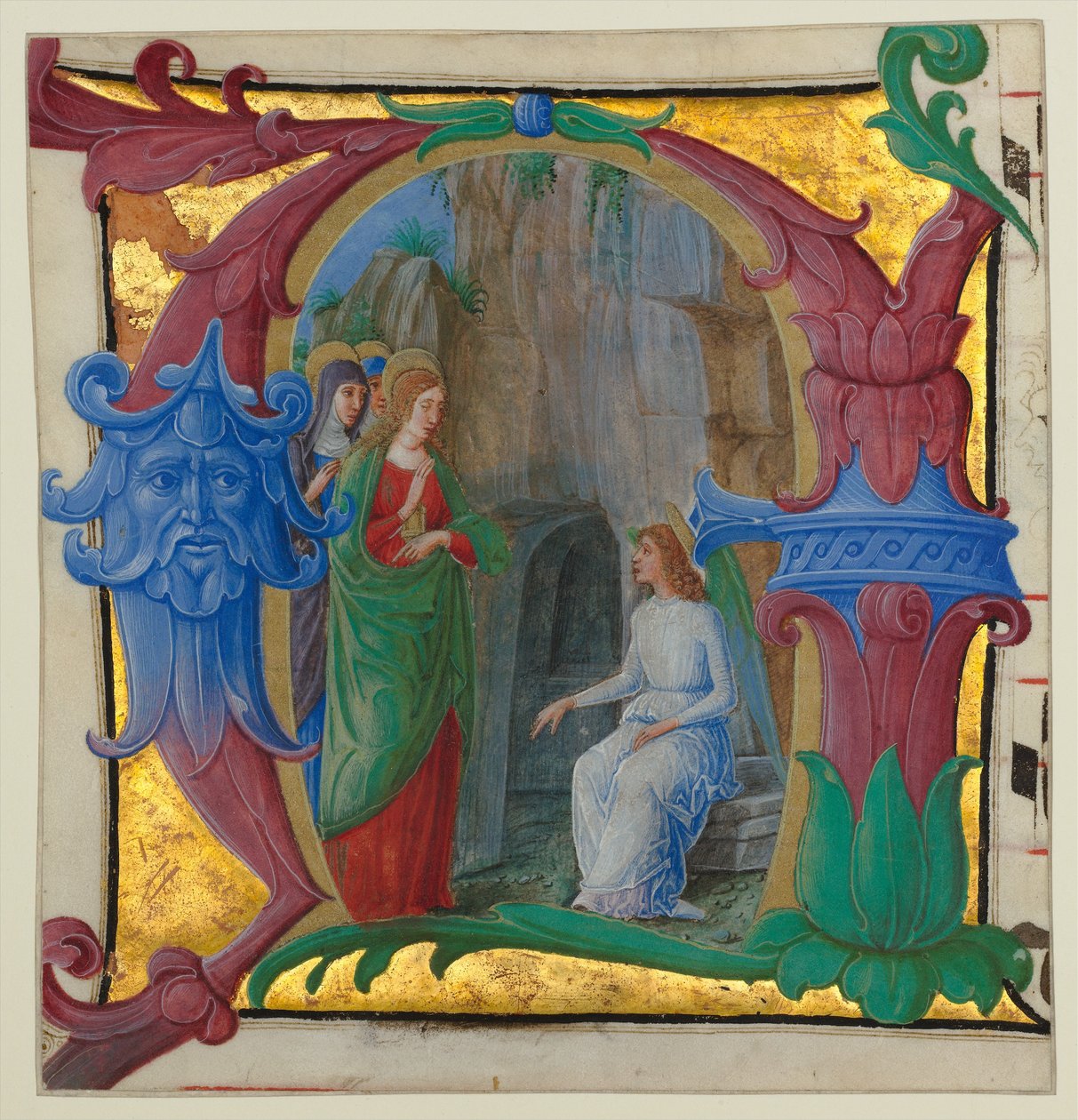Manuskriptbelysning med de hellige kvinder ved graven i en indledende A..., ca. 1490-1500. af Girolamo dai Libri