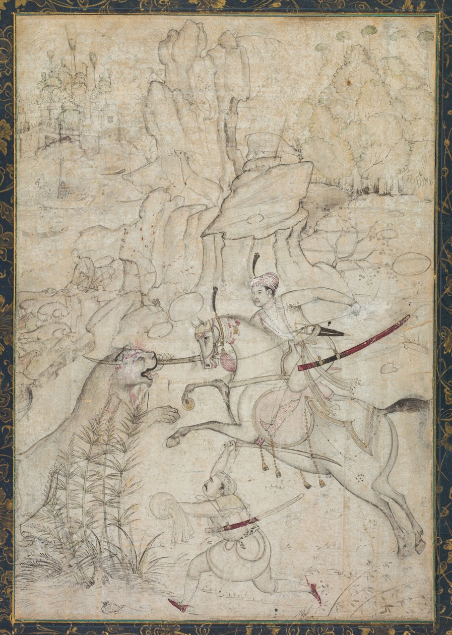 En bjerget prins jagtløve i et klippelandskab af Girolamo della Robbia