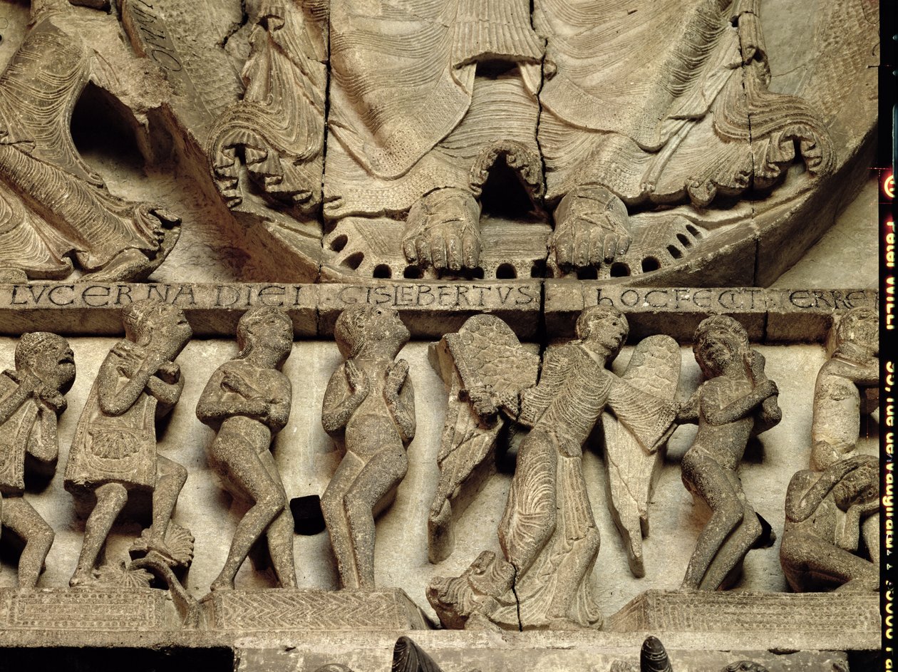 West Portal tympanon, der afbilder den sidste dom: detalje af Kristi fødder, en engel og dødelige, ca. 1130-35 kalksten af Gislebertus