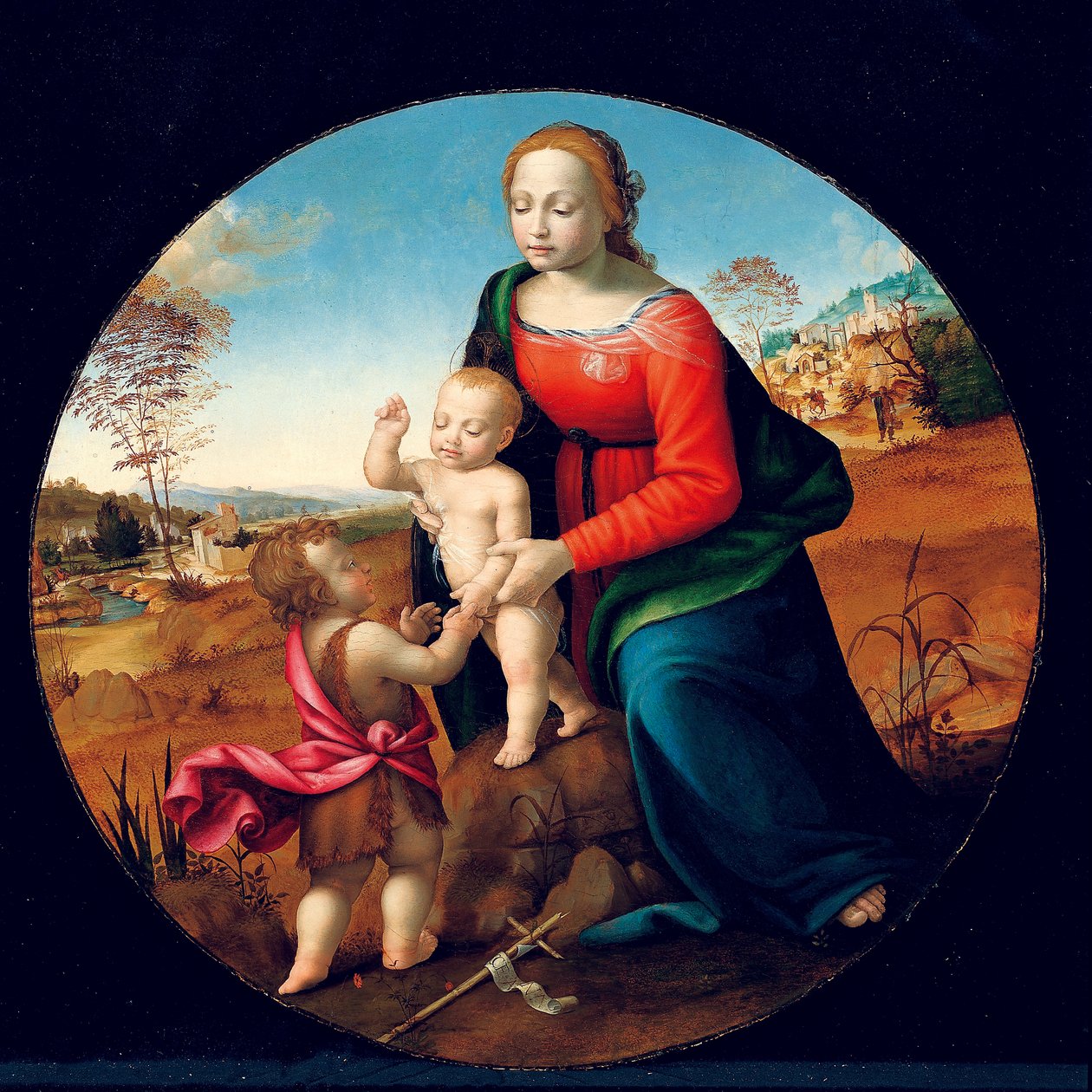 Madonna og barn med spædbarnet Saint John the Baptist (olie på træ) af Giuliano Bugiardini