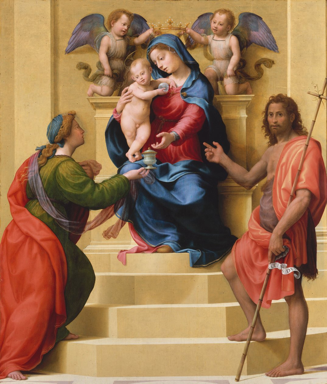Madonna og barn på tronen med de hellige Maria Magdalena og Johannes Døberen, ca. 1523 (olie på træ) af Giuliano Bugiardini