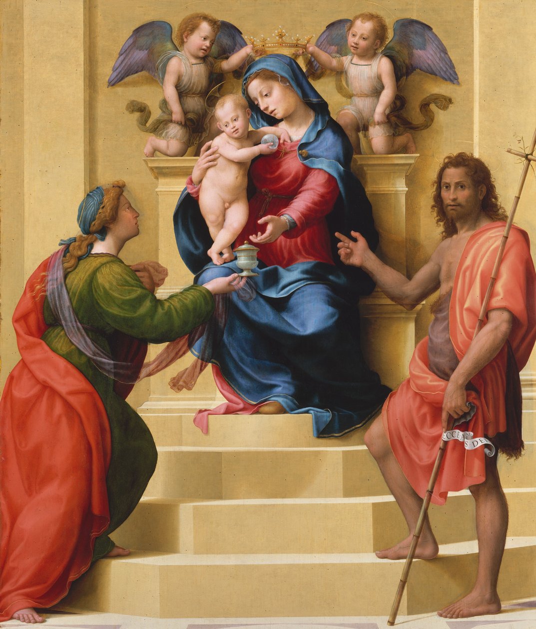Madonna og barn på tronen med de hellige Maria Magdalena og Johannes Døberen, ca. 1523. af Giuliano Bugiardini