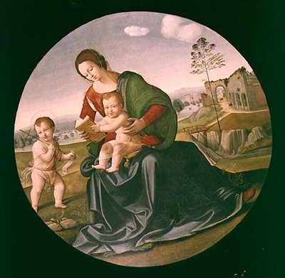 Madonna og barn med barnet Johannes Døberen (panel) af Giuliano Bugiardini