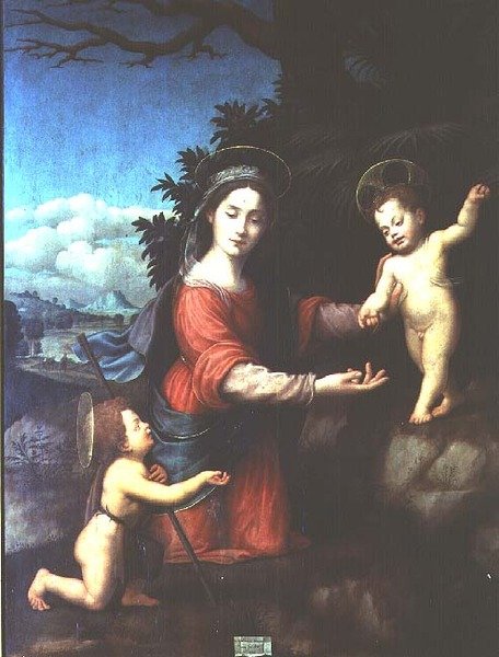 Madonna og barn med spædbarnet St. Johannes Døberen af Giuliano Bugiardini