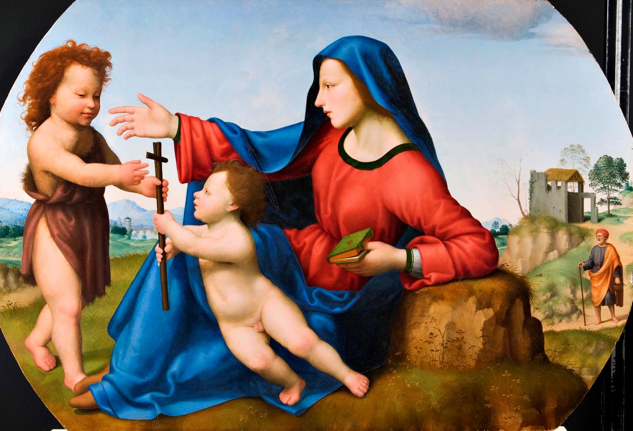 Madonna og barnet med den unge Johannes Døberen (olie på panel) af Giuliano Bugiardini