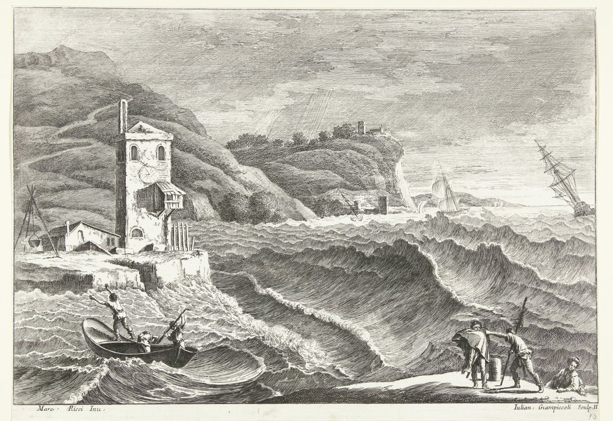 Kystlandskab med storm på havet og ildfyr Italienske landskaber (serietitel) af Giuliano Giampiccoli