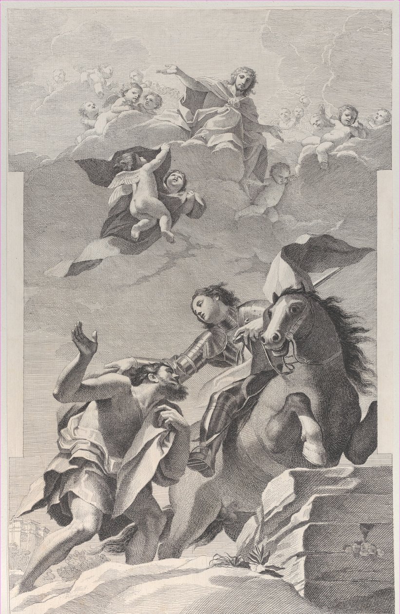 Sankt Martin, til hest, giver sin kappe til en tigger..., 1760-1800. af Giuliano Traballesi
