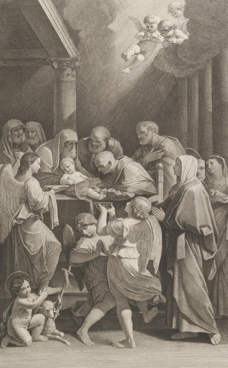 Kristi omskæring, en gruppe mænd, kvinder og engle, der omgiver ham, den..., ca. 1760-1800. af Giuliano Traballesi