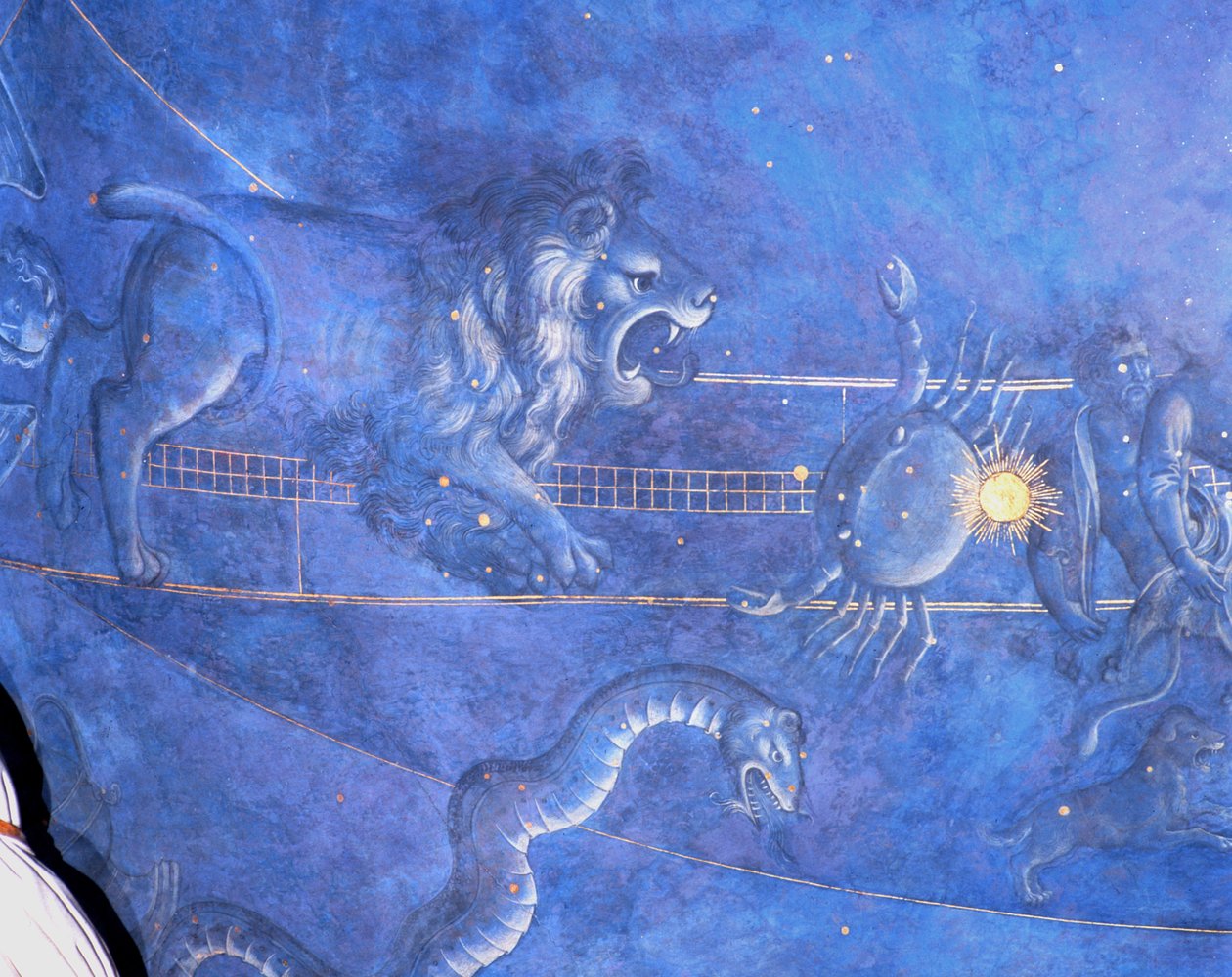 Solens vej gennem stjernerne om natten den 4. juli 1442, detalje af Løven, Krebsen og Hydraen, fra soffitten over alteret, ca. 1430 (detalje af 85088) af Giuliano dArrighi Pesello