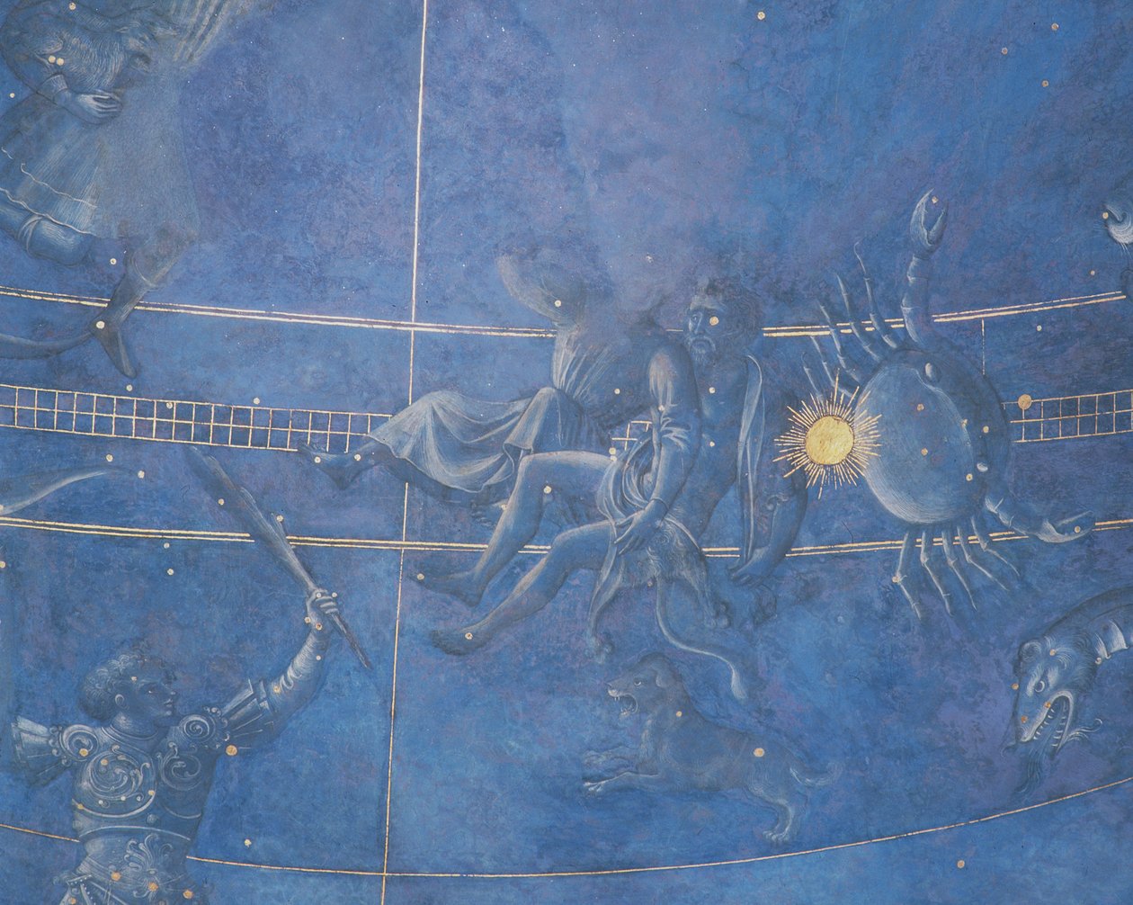 Solens vej gennem stjernerne om natten den 4. juli 1442, detalje af Tvillingerne og Krebsen, fra soffitten over alteret, ca. 1430 (detalje af 85088) af Giuliano dArrighi Pesello