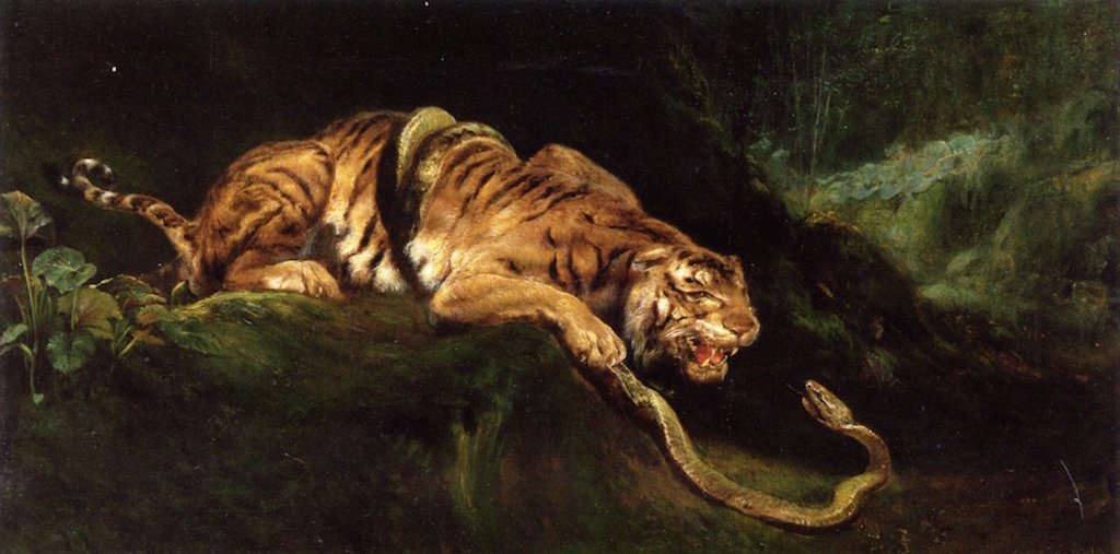 En tiger kæmper med en slange af Giulio Aristide Sartorio