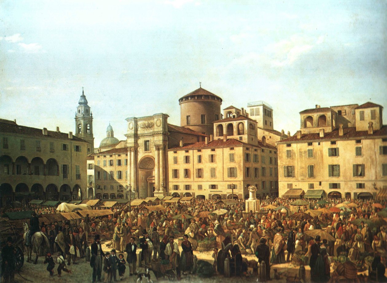 Torvet i Parma på markedsdagen i 1848 af Giulio Carmignani