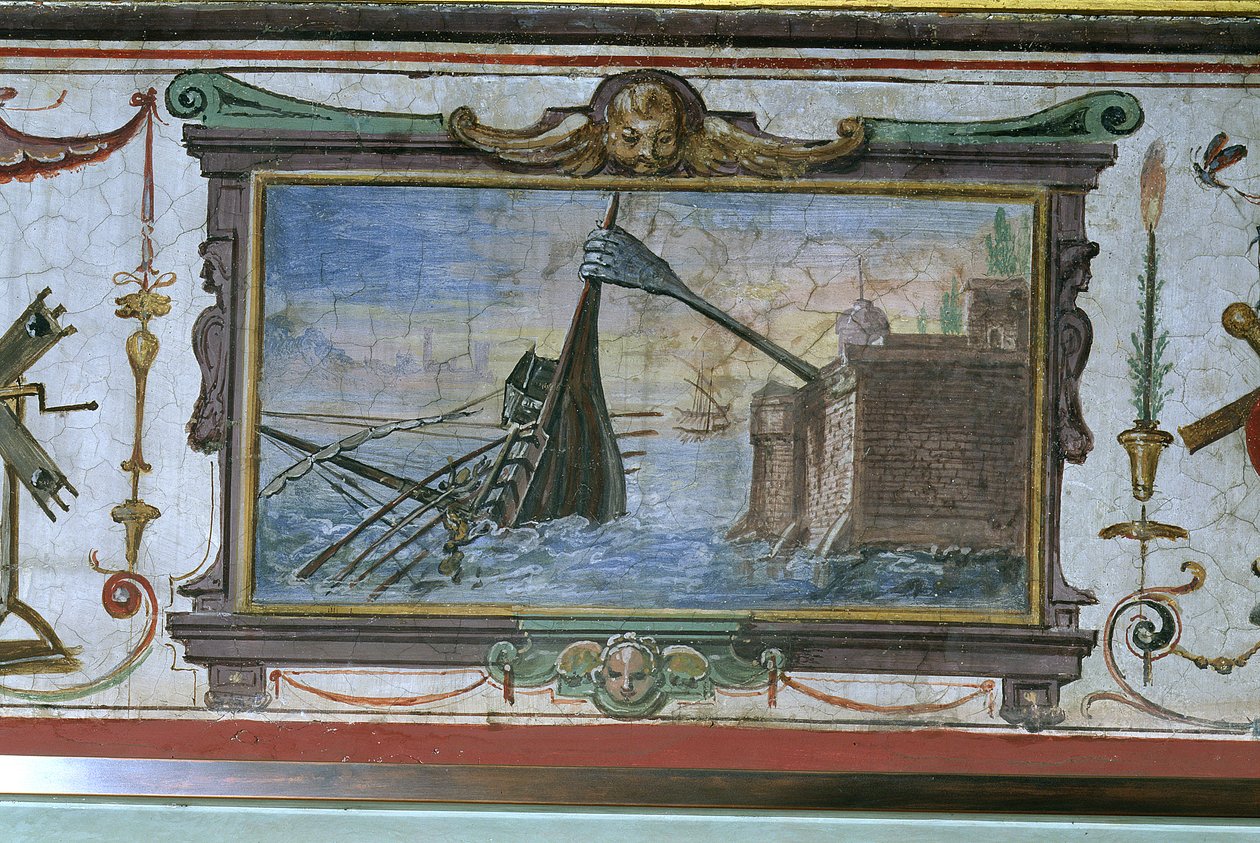 En enhed, der gjorde det muligt for Archimedes (ca. 287-12 f.Kr.) at trække et skib i land, Stanza della Mattematica, 1587-1609 af Giulio Parigi