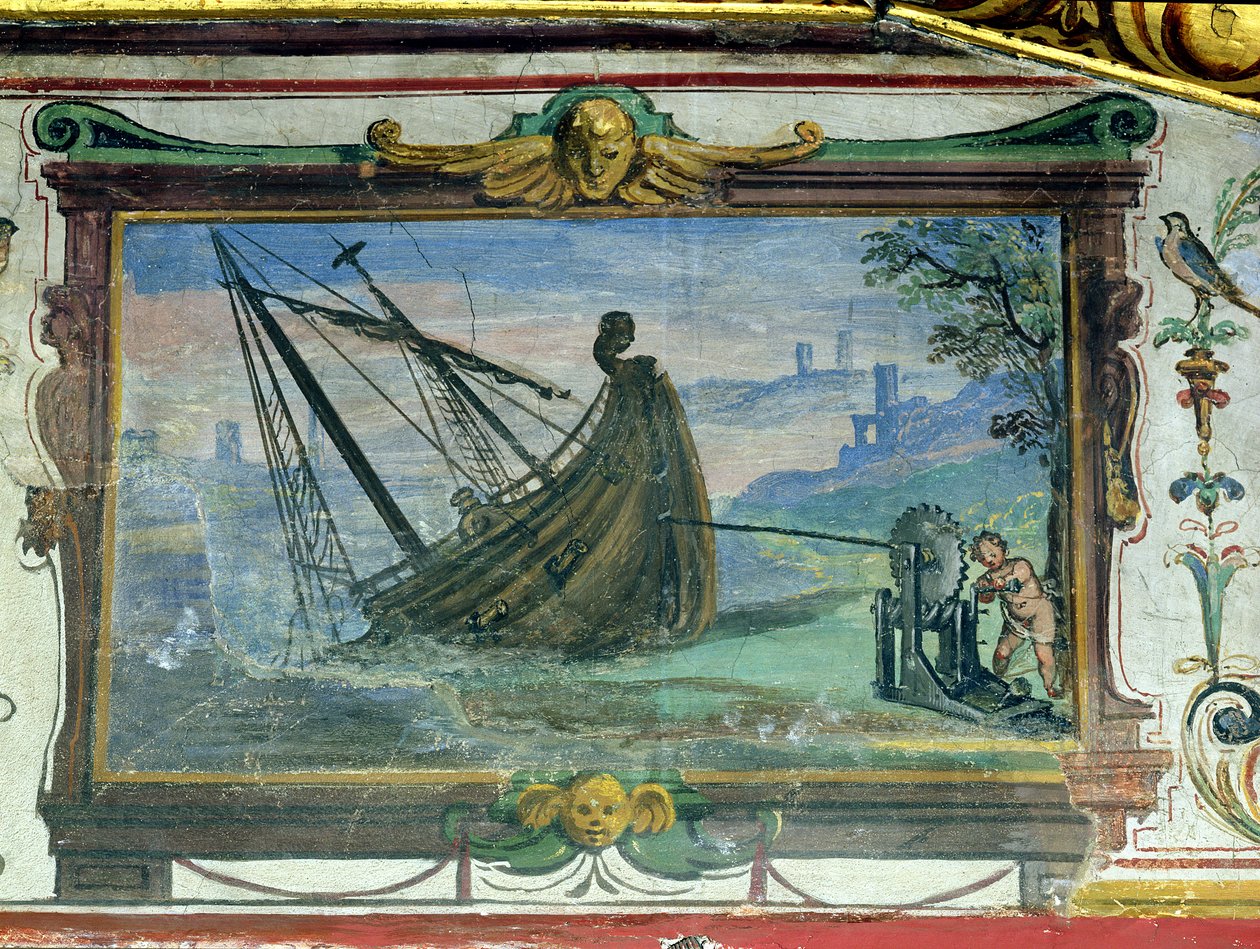 En endeløs skrue, der gjorde det muligt for Archimedes (ca. 287-12 f.Kr.) at trække et skib i land, Stanza della Mattematica, 1587-1609 af Giulio Parigi
