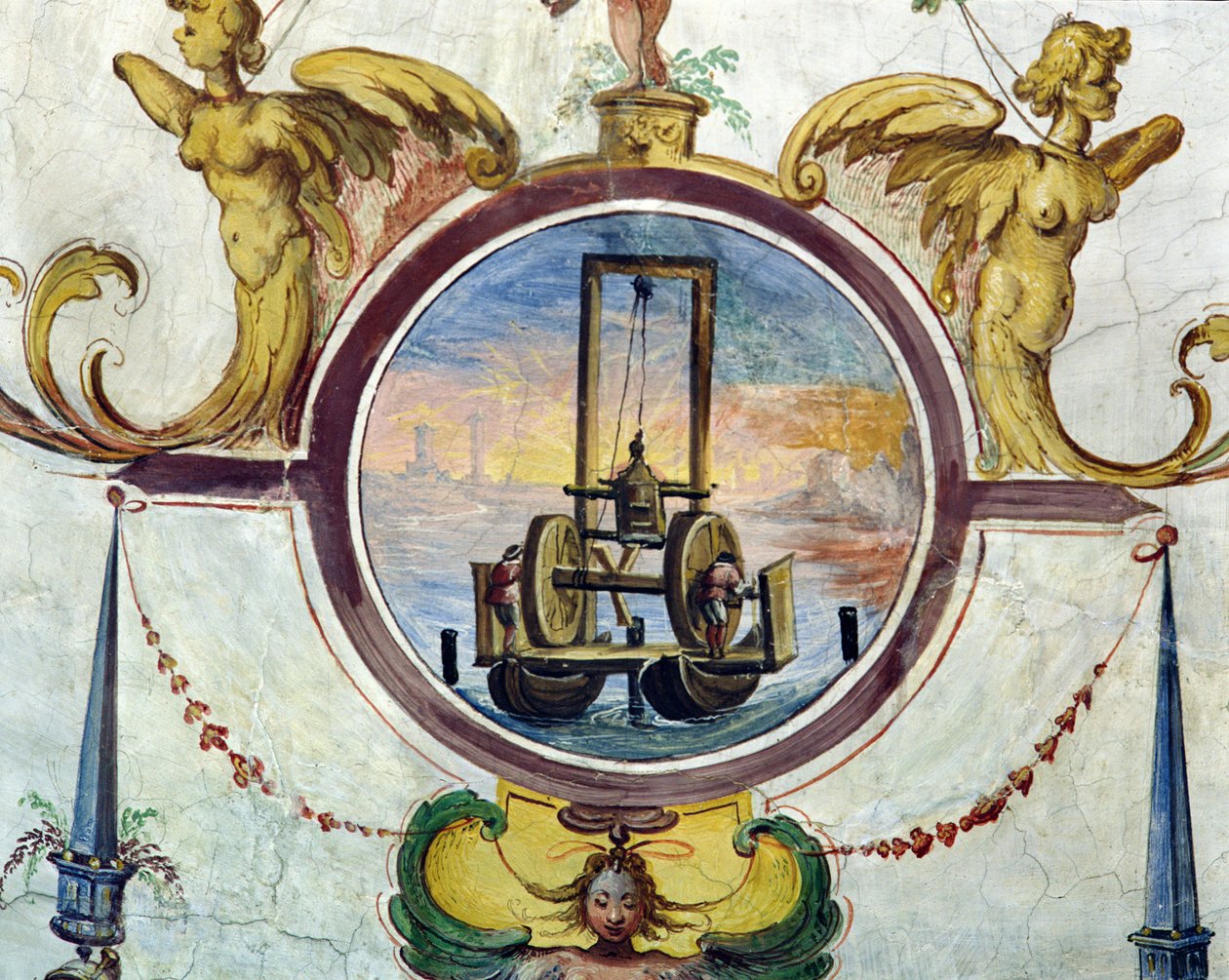 Stor ponton med en anordning til at stikke pæle ned i havbunden, Stanza della Matematica, 1587-1609 af Giulio Parigi