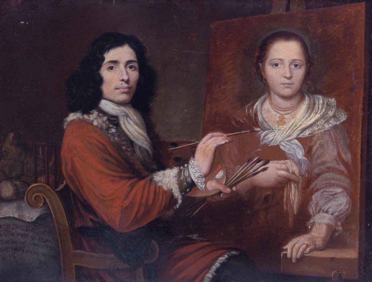 Selvportræt af kunstneren, der maler sin kone af Giulio Quaglio I
